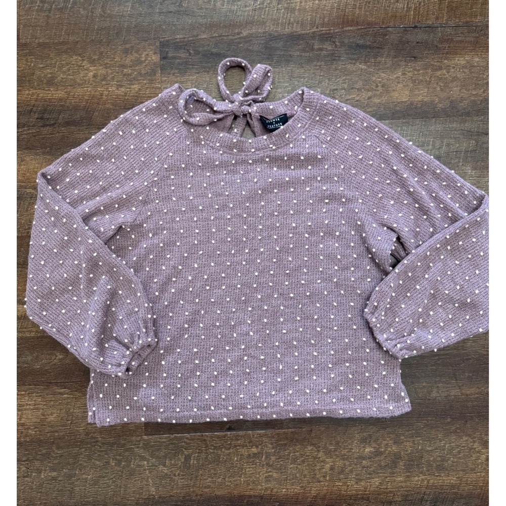 Flower & Feather Mauve Lilac Pom Pom Sweater M Balloon Sleeve Tie Back